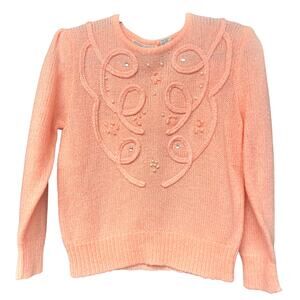 vintage 1980's medium peach beaded puff sleeve embellished crewneck sweater